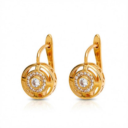 Crystal and Cubic Zirconia 18K Gold-Plated Cutout Huggie Earrings, gold huggie earrings, vintage-inspired design, side view