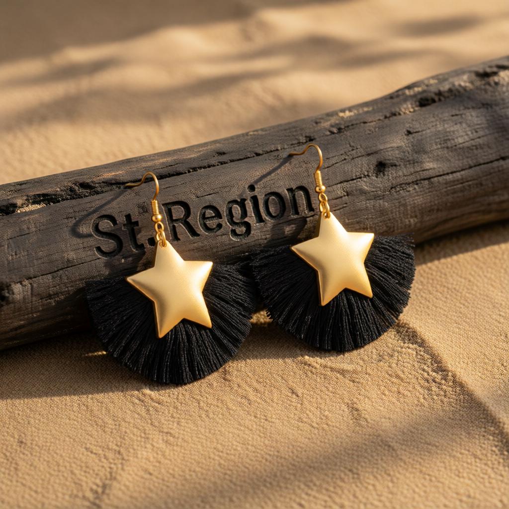 Black Polyster and 18K Gold-Plated Star Fan Drop Earrings, gold drop earrings for women, dainty minimalist design, front view