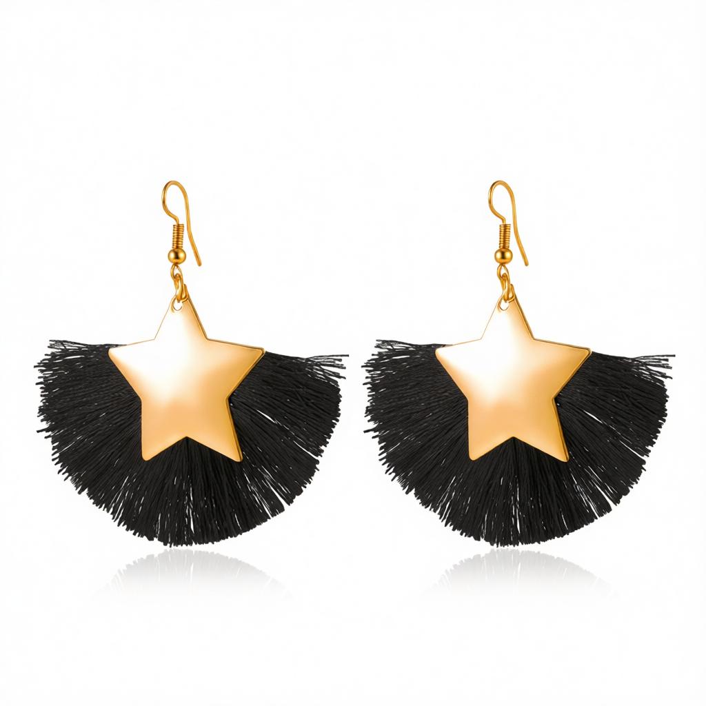 Black Polyster and 18K Gold-Plated Star Fan Drop Earrings, gold drop earrings for women, dainty minimalist design, side view