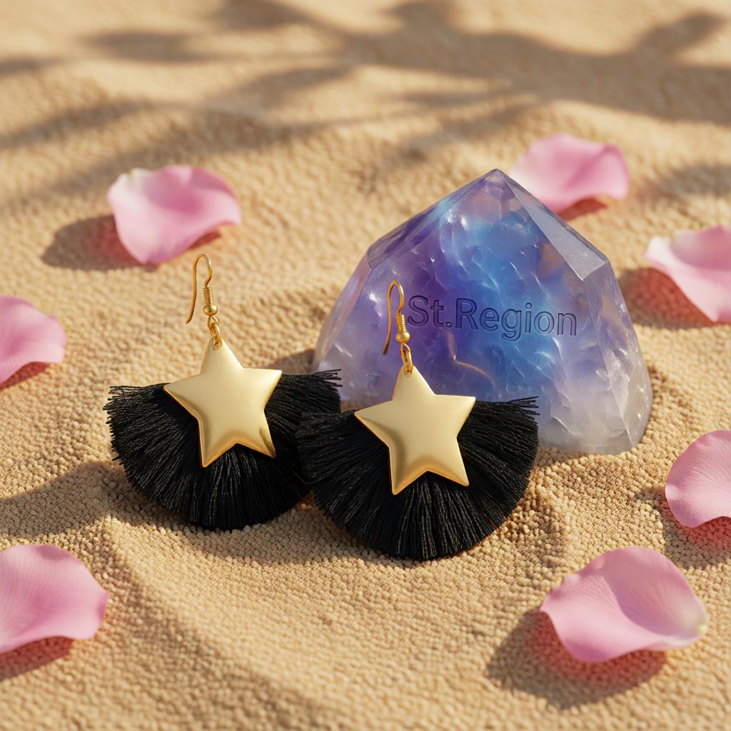 Black Polyster and 18K Gold-Plated Star Fan Drop Earrings, gold drop earrings for women, detail close-up