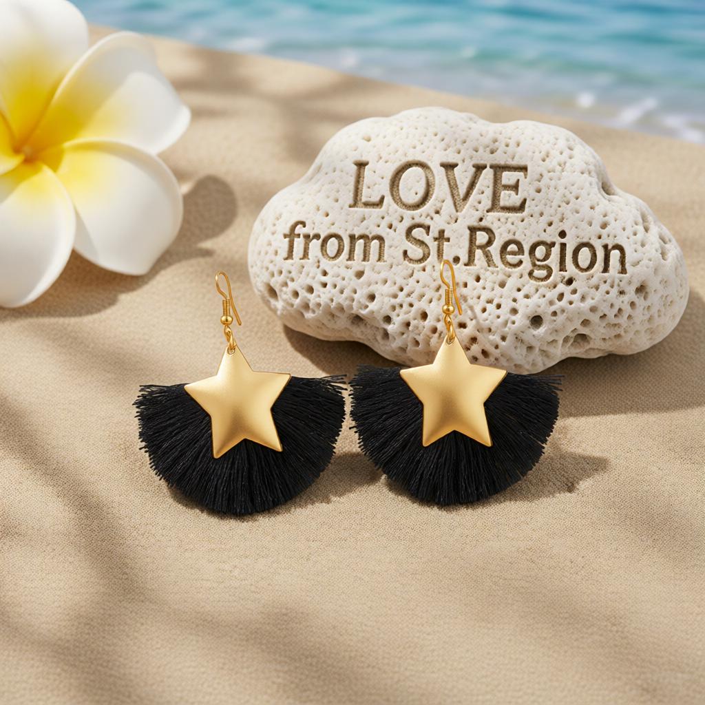 Black Polyster and 18K Gold-Plated Star Fan Drop Earrings, gold drop earrings for women, lifestyle look
