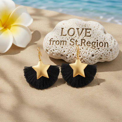 Black Polyster and 18K Gold-Plated Star Fan Drop Earrings, gold drop earrings for women, lifestyle look