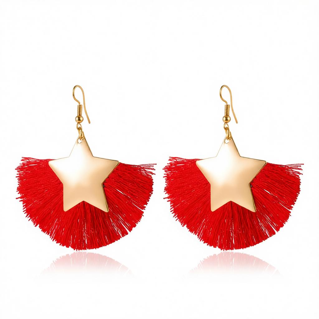 Red Polyster and 18K Gold-Plated Star Fan Drop Earrings, gold drop earrings for women, everyday style, side view