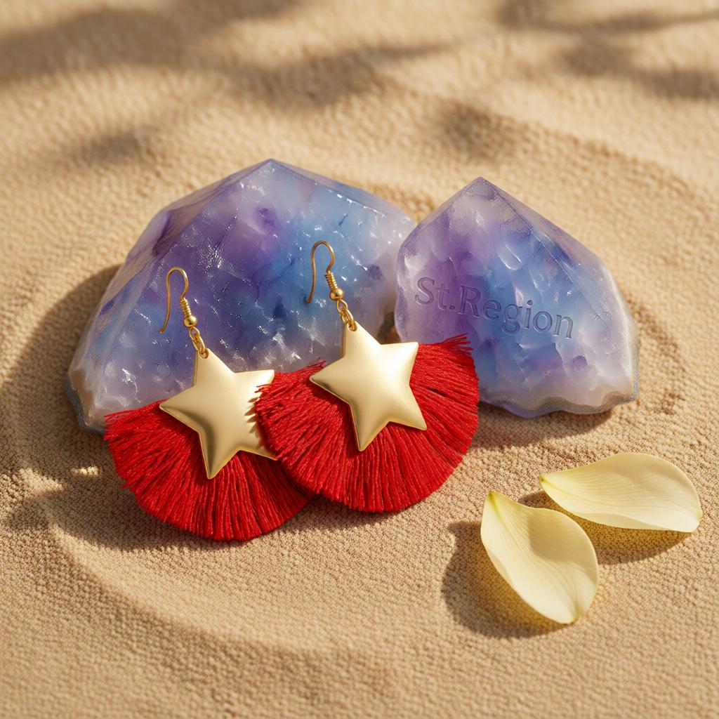 Red Polyster and 18K Gold-Plated Star Fan Drop Earrings, gold drop earrings for women, everyday style, detail close-up