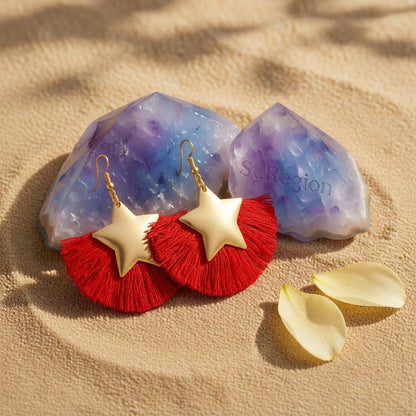 Red Polyster and 18K Gold-Plated Star Fan Drop Earrings, gold drop earrings for women, everyday style, detail close-up