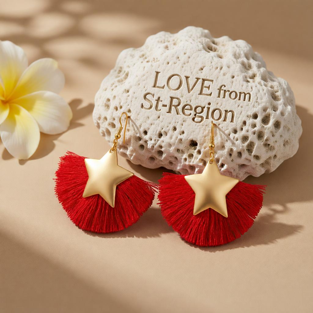 Red Polyster and 18K Gold-Plated Star Fan Drop Earrings, gold drop earrings for women, everyday style, lifestyle look