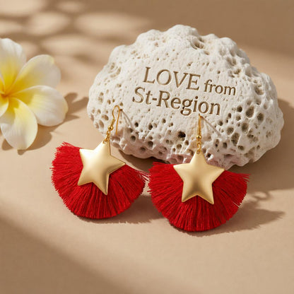 Red Polyster and 18K Gold-Plated Star Fan Drop Earrings, gold drop earrings for women, everyday style, lifestyle look