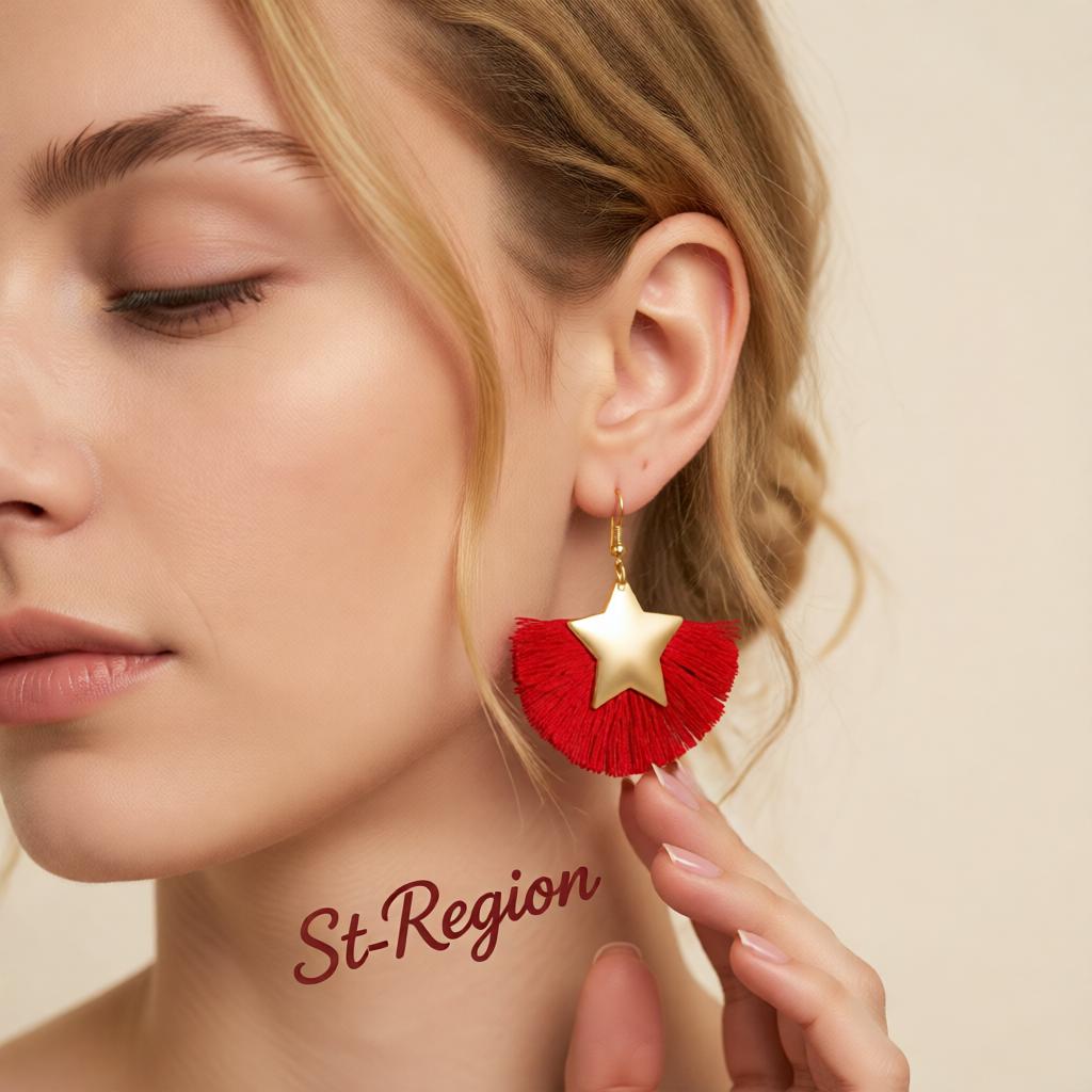 Red Polyster and 18K Gold-Plated Star Fan Drop Earrings, gold drop earrings for women, everyday style, styled look