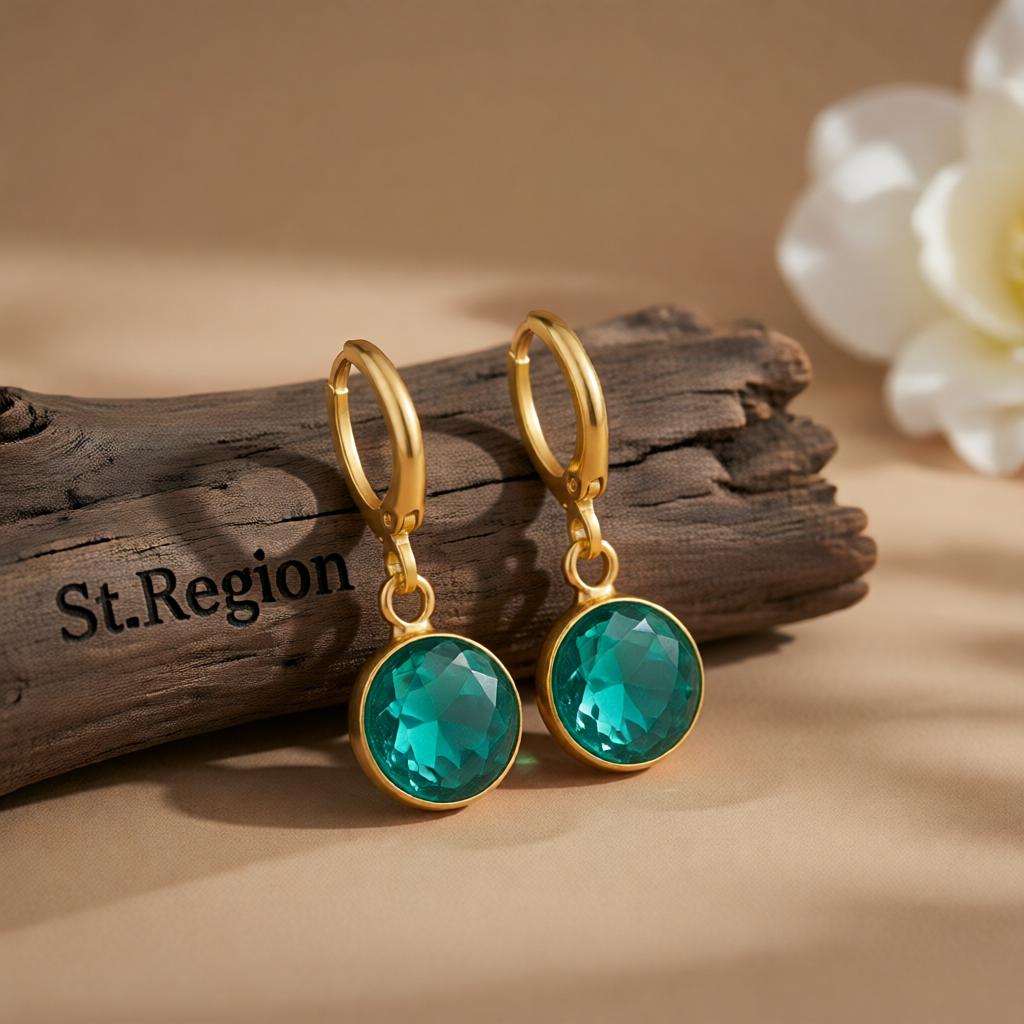 Dark Green Crystal and 18K Gold-Plated Round Huggie Earrings, gold huggie earrings, elegant gift for her, front view