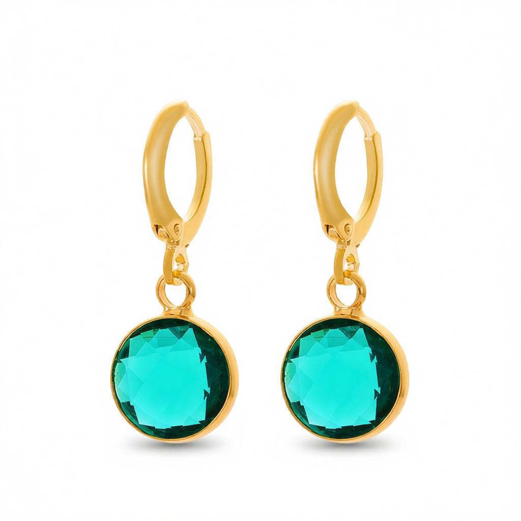 Dark Green Crystal and 18K Gold-Plated Round Huggie Earrings, gold huggie earrings, elegant gift for her, side view