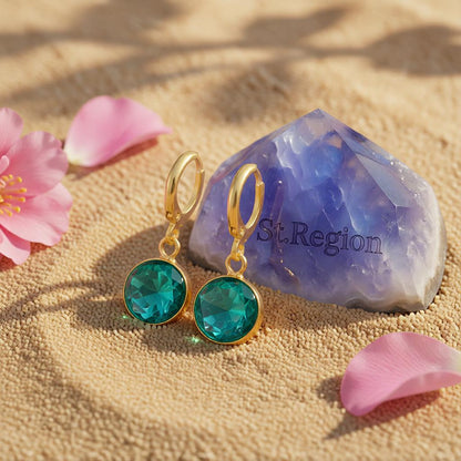 Dark Green Crystal and 18K Gold-Plated Round Huggie Earrings, gold huggie earrings, elegant gift for her, detail close-up