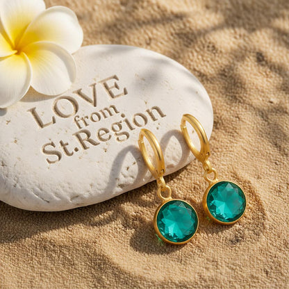 Dark Green Crystal and 18K Gold-Plated Round Huggie Earrings, gold huggie earrings, elegant gift for her, lifestyle look
