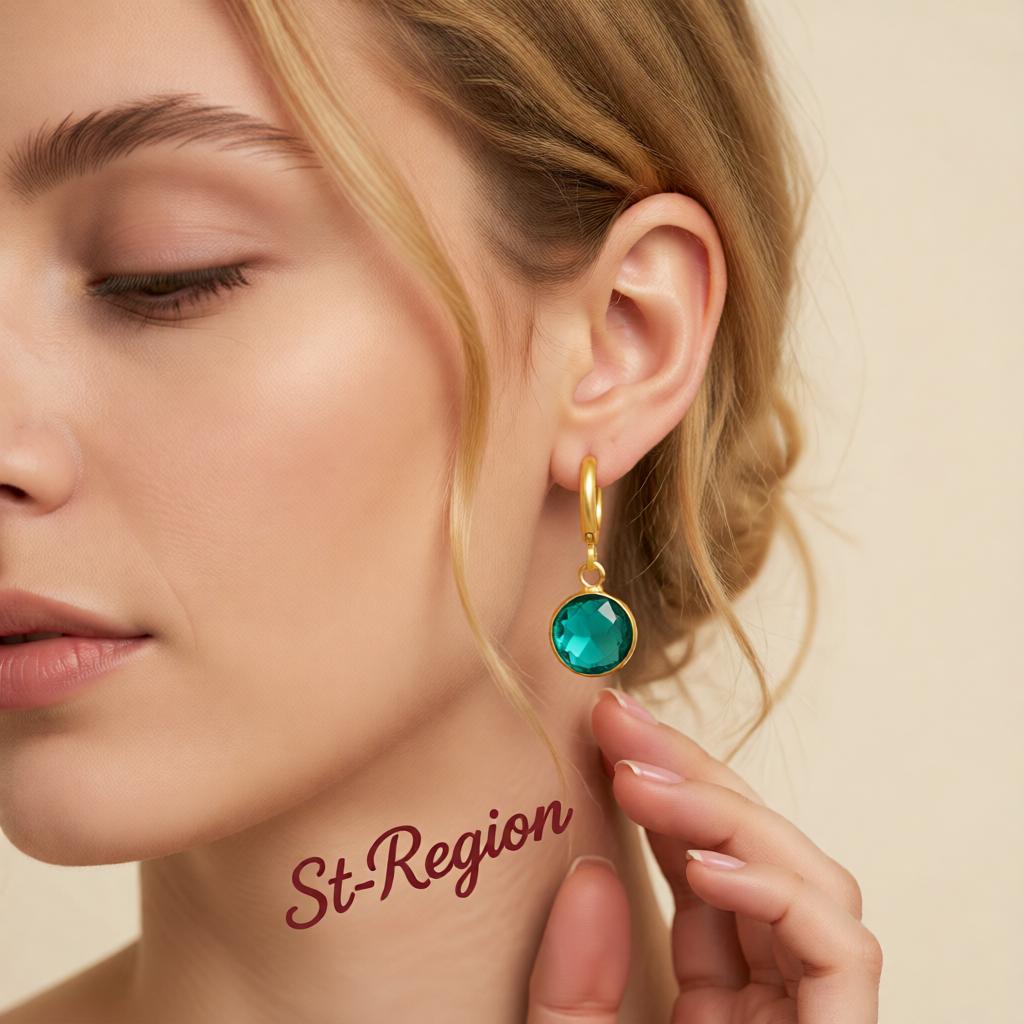 Dark Green Crystal and 18K Gold-Plated Round Huggie Earrings, gold huggie earrings, elegant gift for her, styled look