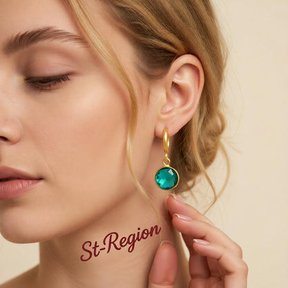 Dark Green Crystal and 18K Gold-Plated Round Huggie Earrings, gold huggie earrings, elegant gift for her, styled look