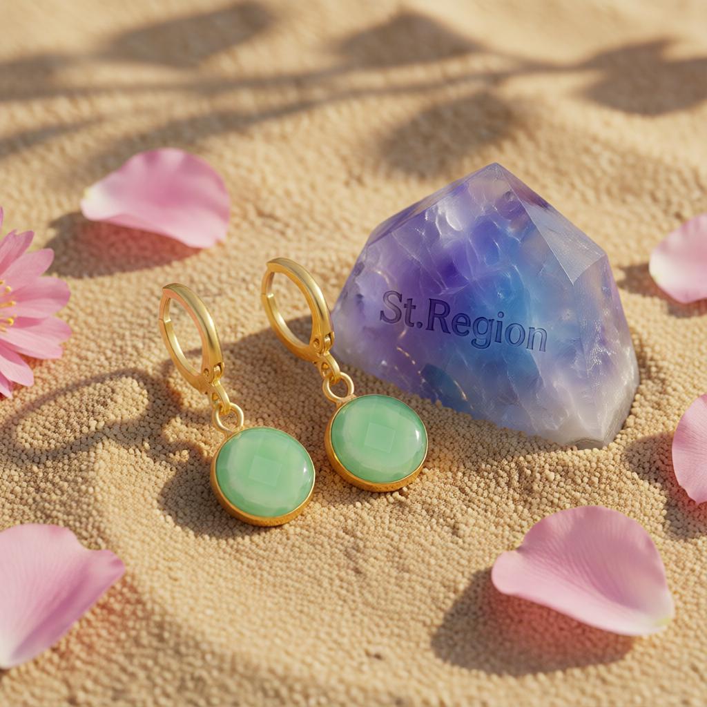 Green Crystal and 18K Gold-Plated Round Huggie Earrings, gold huggie earrings, vintage-inspired design, detail close-up