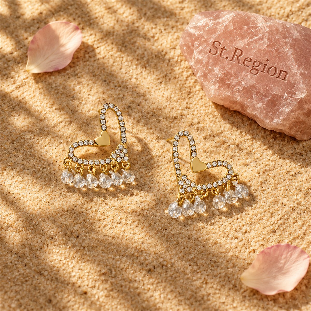 Crystal and Cubic Zirconia 18K Gold-Plated Heart Tassel Earrings, gold drop earrings for women, detail close-up