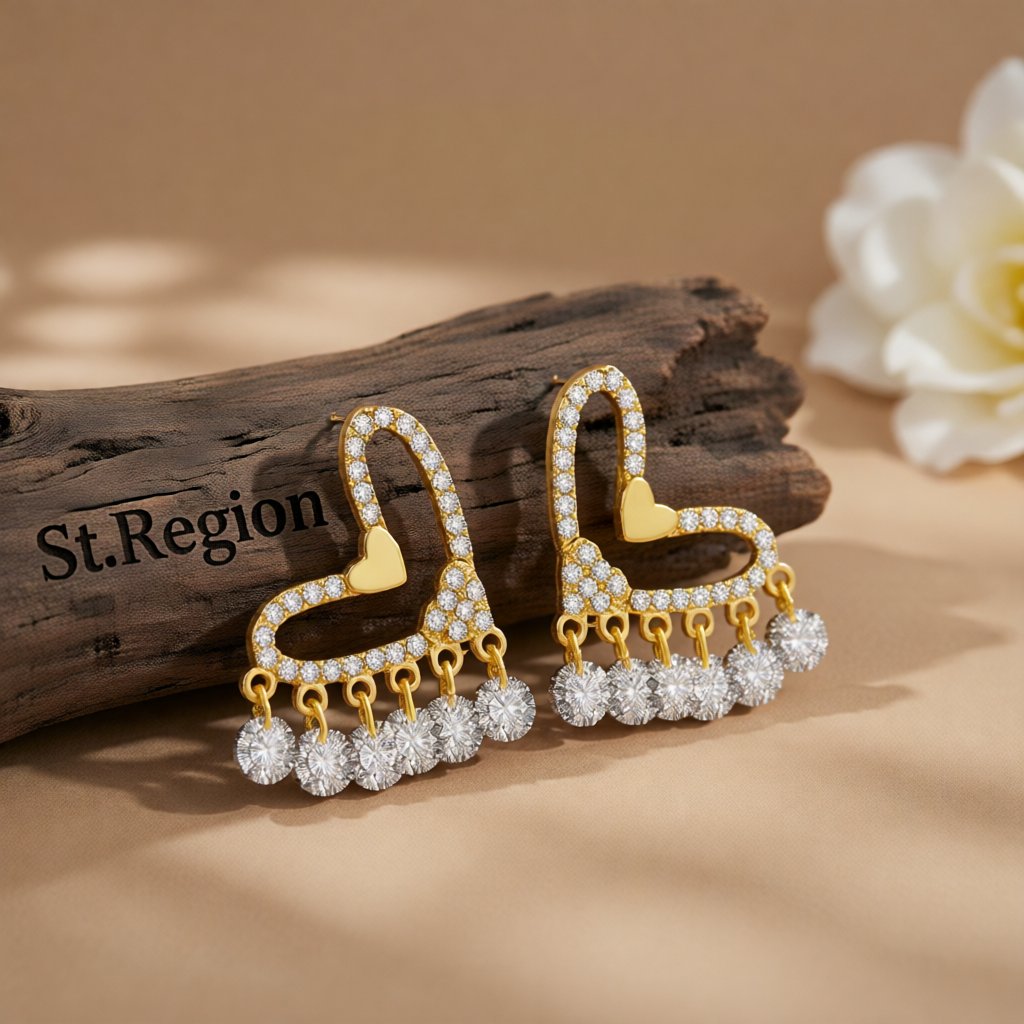 Crystal and Cubic Zirconia 18K Gold-Plated Heart Tassel Earrings, gold drop earrings for women, front view