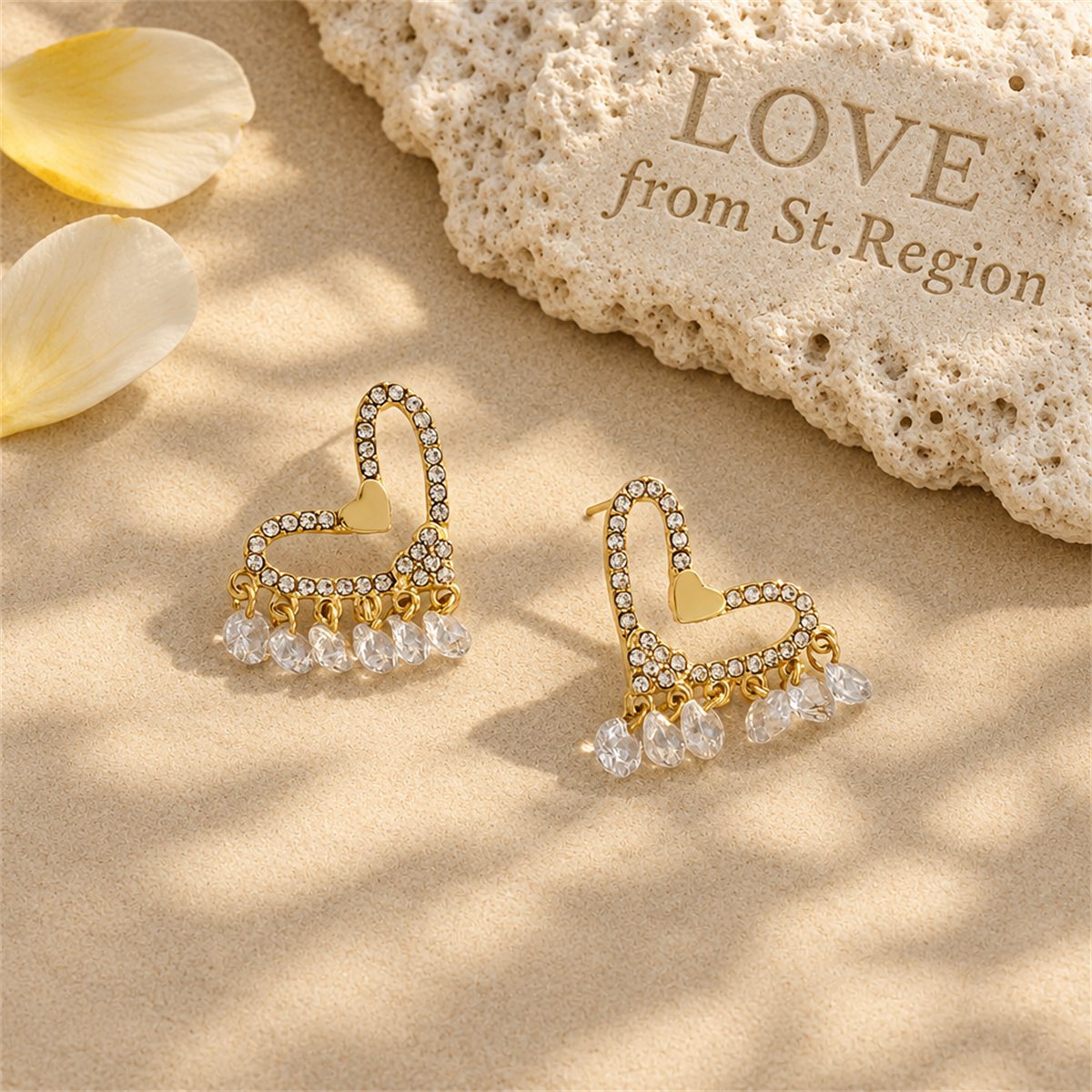Crystal and Cubic Zirconia 18K Gold-Plated Heart Tassel Earrings, gold drop earrings for women, lifestyle look