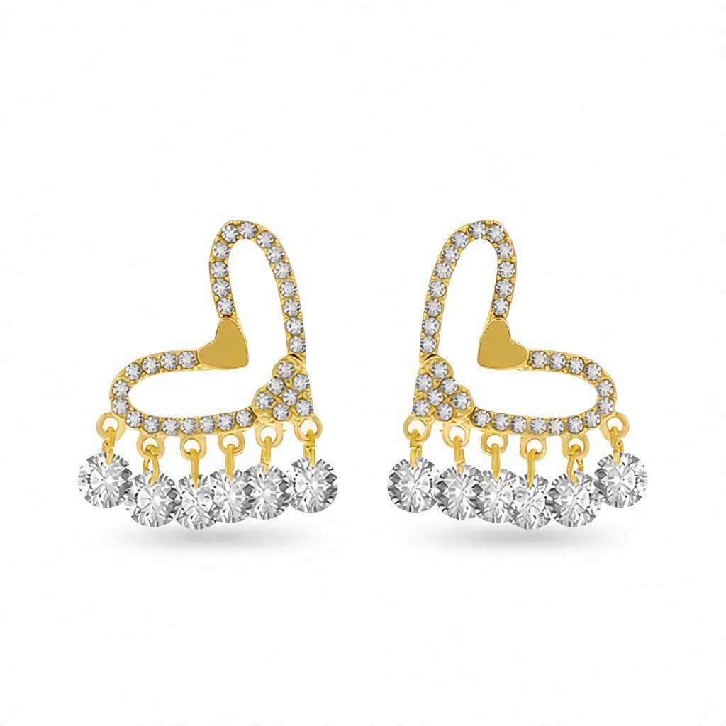 Crystal and Cubic Zirconia 18K Gold-Plated Heart Tassel Earrings, gold drop earrings for women, botanical inspired, side view