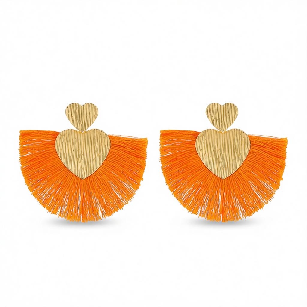 Orange Polyster and 18K Gold-Plated Textured Heart Fan Drop Earrings, gold drop earrings for women, everyday style, side view