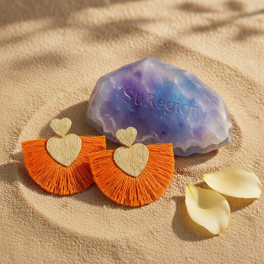 Orange Polyster and 18K Gold-Plated Textured Heart Fan Drop Earrings, gold drop earrings for women, detail close-up