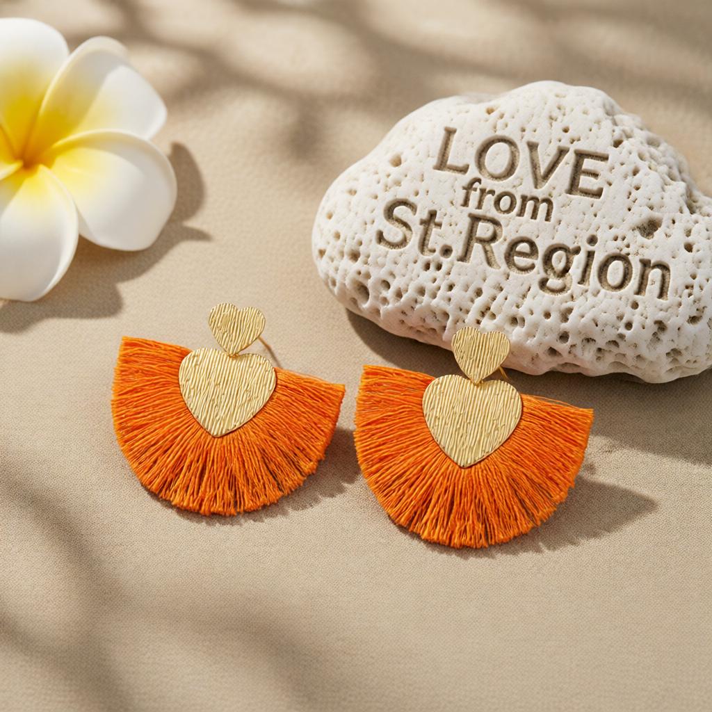 Orange Polyster and 18K Gold-Plated Textured Heart Fan Drop Earrings, gold drop earrings for women, lifestyle look