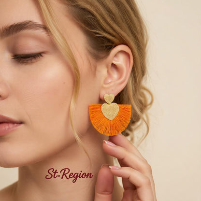 Orange Polyster and 18K Gold-Plated Textured Heart Fan Drop Earrings, gold drop earrings for women, styled look