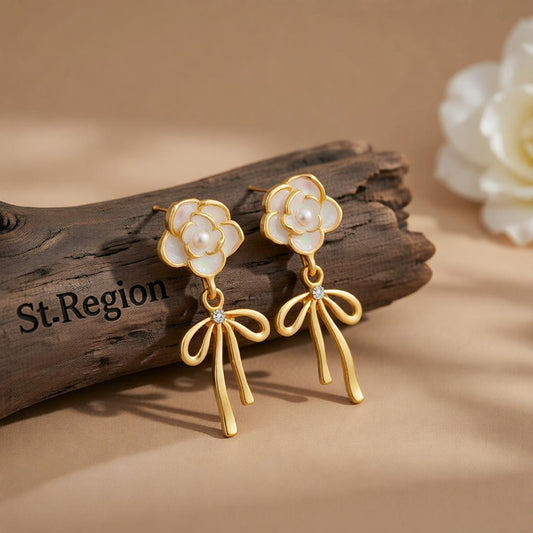 White Enamel and Pearl Cubic Zirconia-Accent Camellia Bow Drop Earrings, drop earrings for women, front view