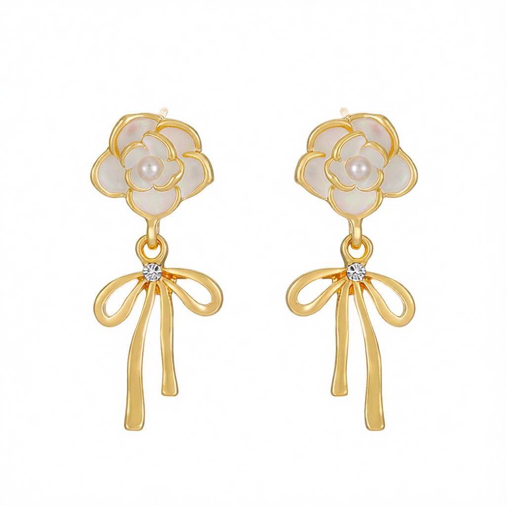 White Enamel and Pearl Cubic Zirconia-Accent Camellia Bow Drop Earrings, drop earrings for women, side view