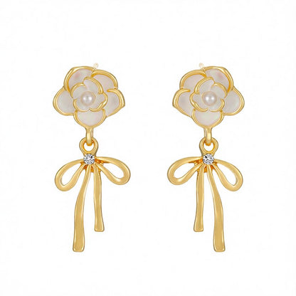 White Enamel and Pearl Cubic Zirconia-Accent Camellia Bow Drop Earrings, drop earrings for women, side view