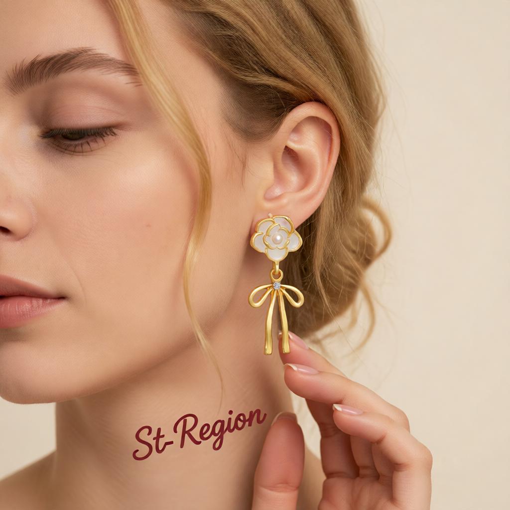 White Enamel and Pearl Cubic Zirconia-Accent Camellia Bow Drop Earrings, drop earrings for women, styled look