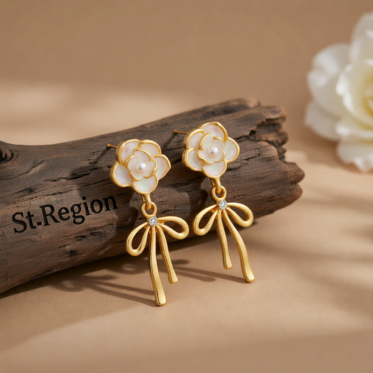 White Enamel & Pearl Cubic Zirconia-Accent Camellia Bow Drop Earrings