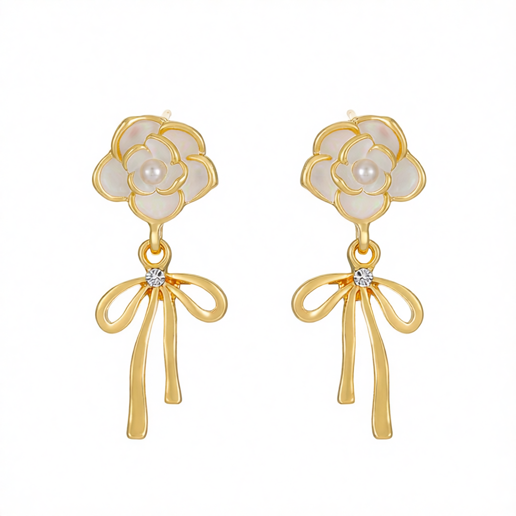 White Enamel & Pearl Cubic Zirconia-Accent Camellia Bow Drop Earrings