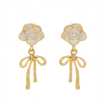 White Enamel & Pearl Cubic Zirconia-Accent Camellia Bow Drop Earrings