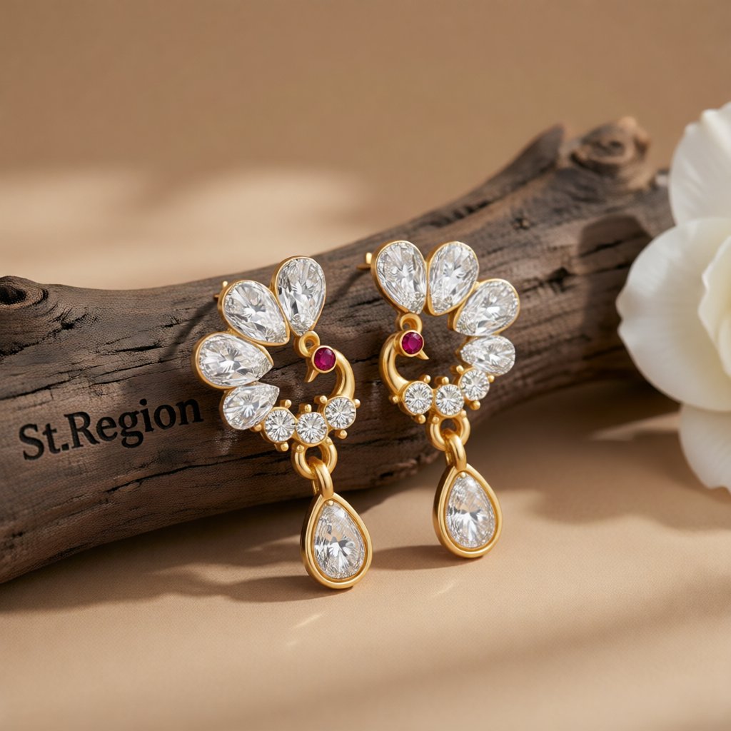 Crystal and Cubic Zirconia Peacock Drop Earrings, drop earrings for women, everyday style, front view