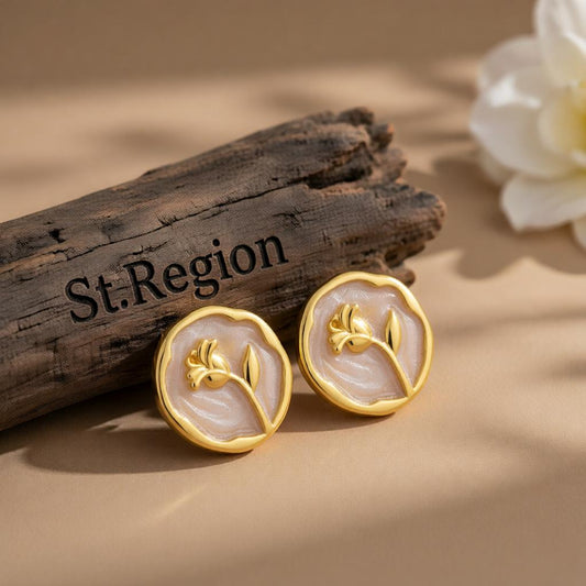 White Enamel & 18K Gold-Plated Rose Round Stud Earrings