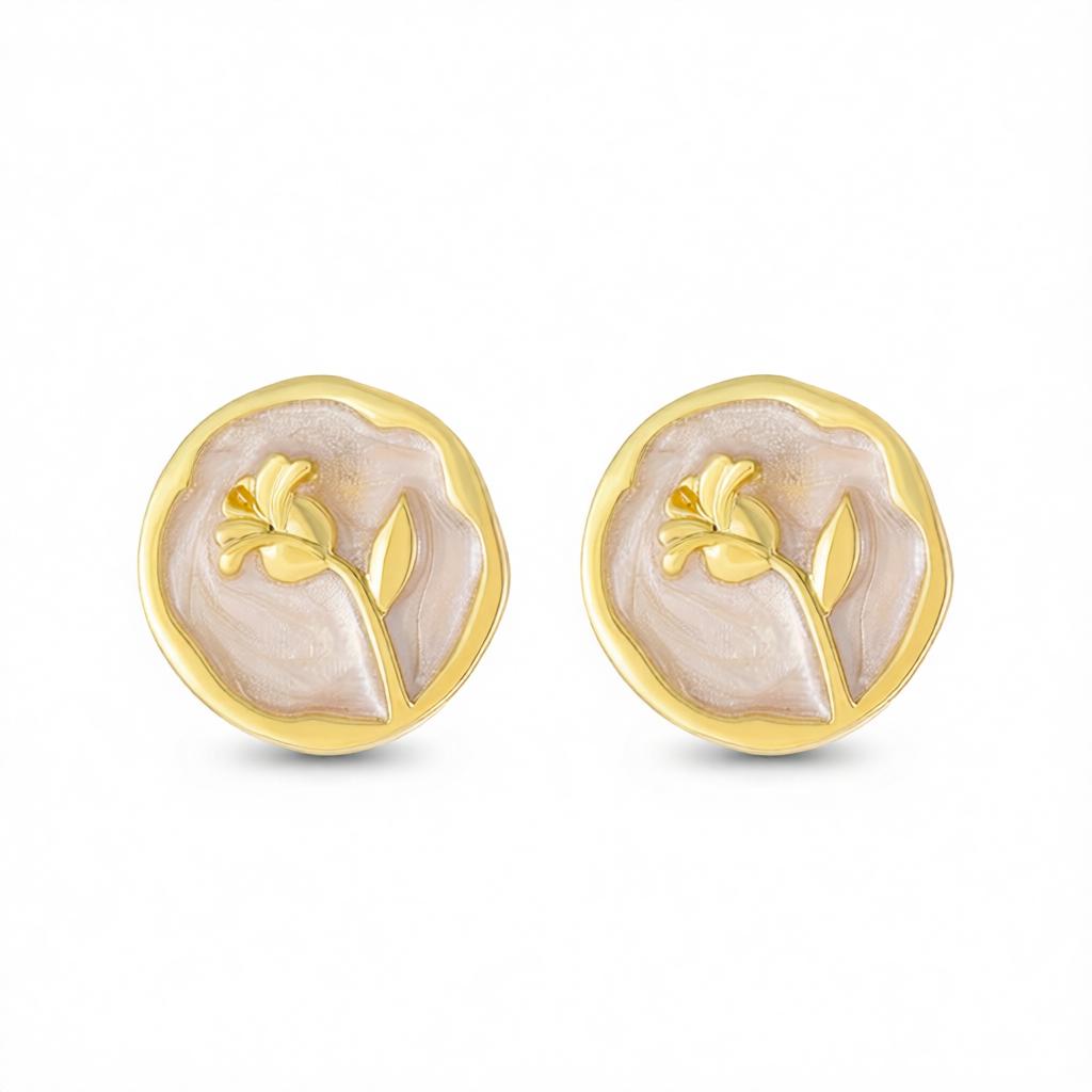 White Enamel and 18K Gold-Plated Rose Round Stud Earrings, cubic zirconia stud earrings for women, everyday style, side view