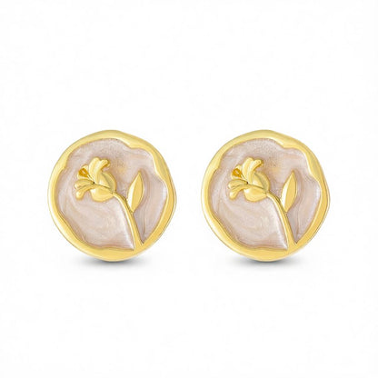 White Enamel and 18K Gold-Plated Rose Round Stud Earrings, cubic zirconia stud earrings for women, everyday style, side view