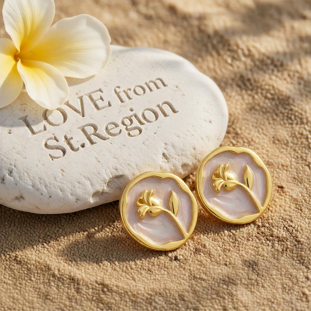White Enamel and 18K Gold-Plated Rose Round Stud Earrings, cubic zirconia stud earrings for women, lifestyle look