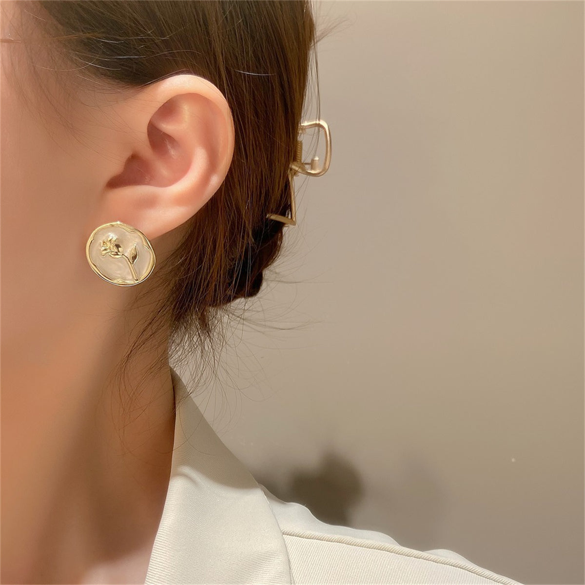 White Enamel & 18K Gold-Plated Rose Round Stud Earrings