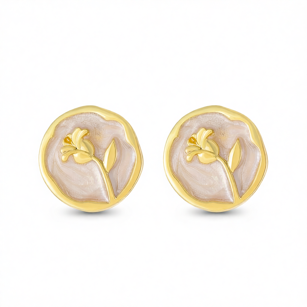 White Enamel & 18K Gold-Plated Rose Round Stud Earrings