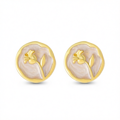 White Enamel & 18K Gold-Plated Rose Round Stud Earrings
