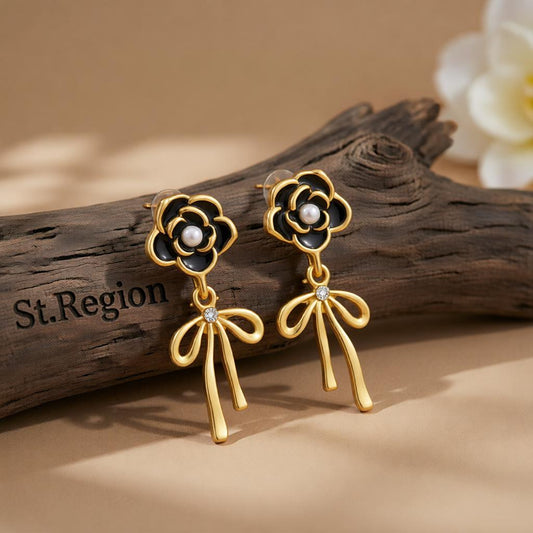 Black Enamel and Pearl Cubic Zirconia-Accent Camellia Bow Drop Earrings, drop earrings for women, front view