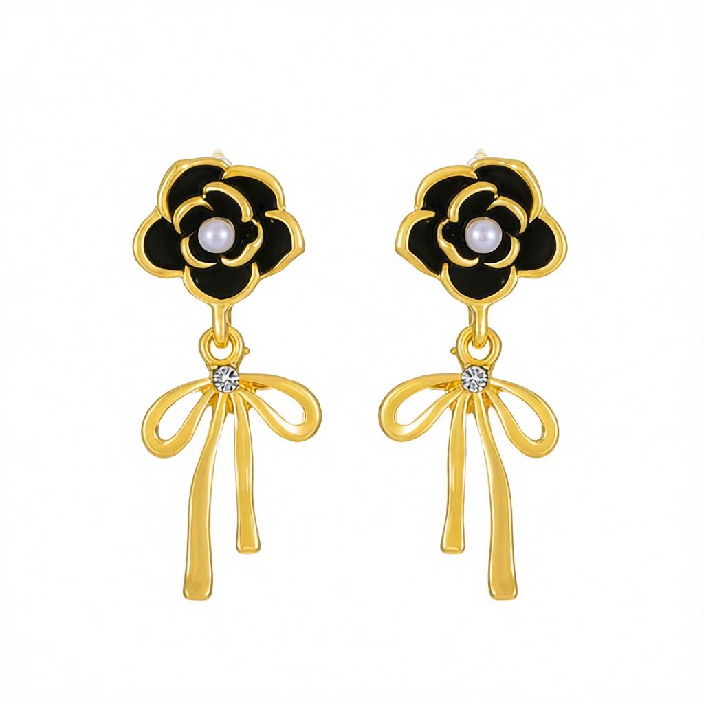 Black Enamel and Pearl Cubic Zirconia-Accent Camellia Bow Drop Earrings, drop earrings for women, side view
