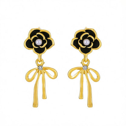 Black Enamel and Pearl Cubic Zirconia-Accent Camellia Bow Drop Earrings, drop earrings for women, side view