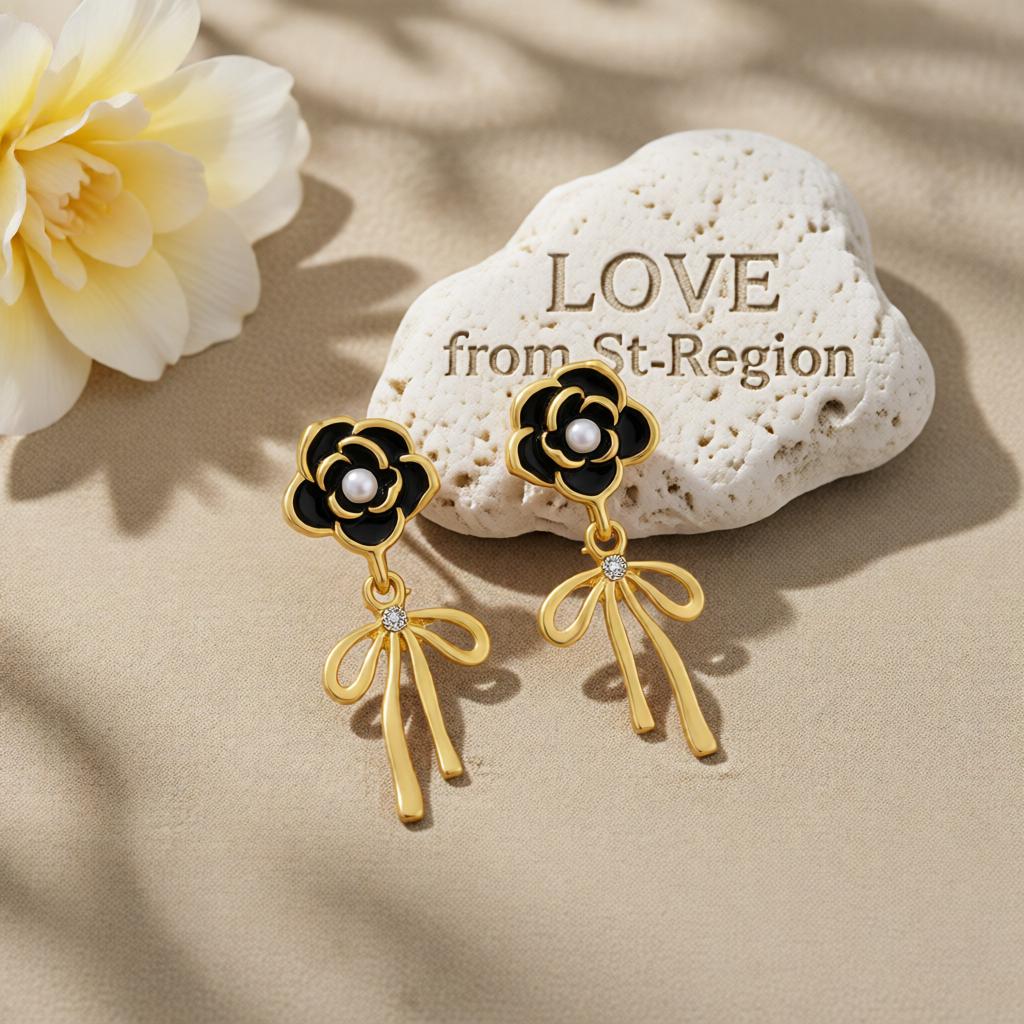 Black Enamel and Pearl Cubic Zirconia-Accent Camellia Bow Drop Earrings, drop earrings for women, lifestyle look