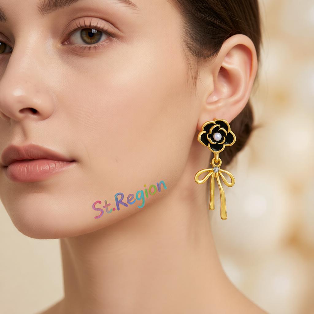 Black Enamel and Pearl Cubic Zirconia-Accent Camellia Bow Drop Earrings, drop earrings for women, styled look