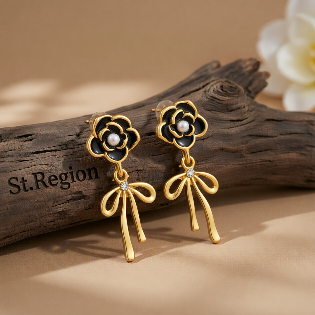 Black Enamel & Pearl Cubic Zirconia-Accent Camellia Bow Drop Earrings
