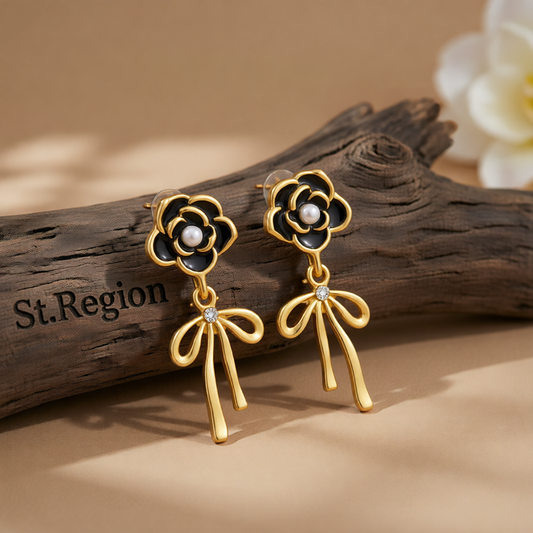 Black Enamel & Pearl Cubic Zirconia-Accent Camellia Bow Drop Earrings
