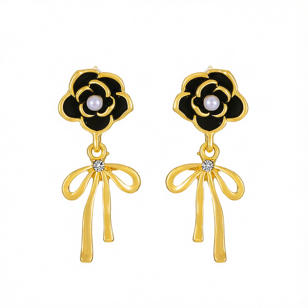 Black Enamel & Pearl Cubic Zirconia-Accent Camellia Bow Drop Earrings